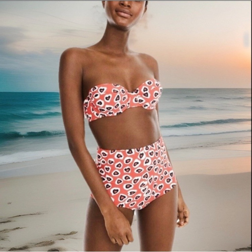 J Crew Hearts Woman Red/white Swimsuit 2 Piece Bikini Set Printed Hearts Medium - Picture 12 of 12